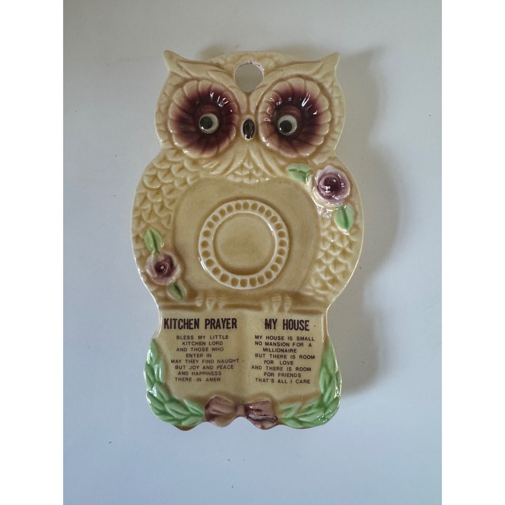 Vintage Ceramic Owl Kitchen Prayer Wall Plaque Hanging Decor Retro Kitsch 8.25"